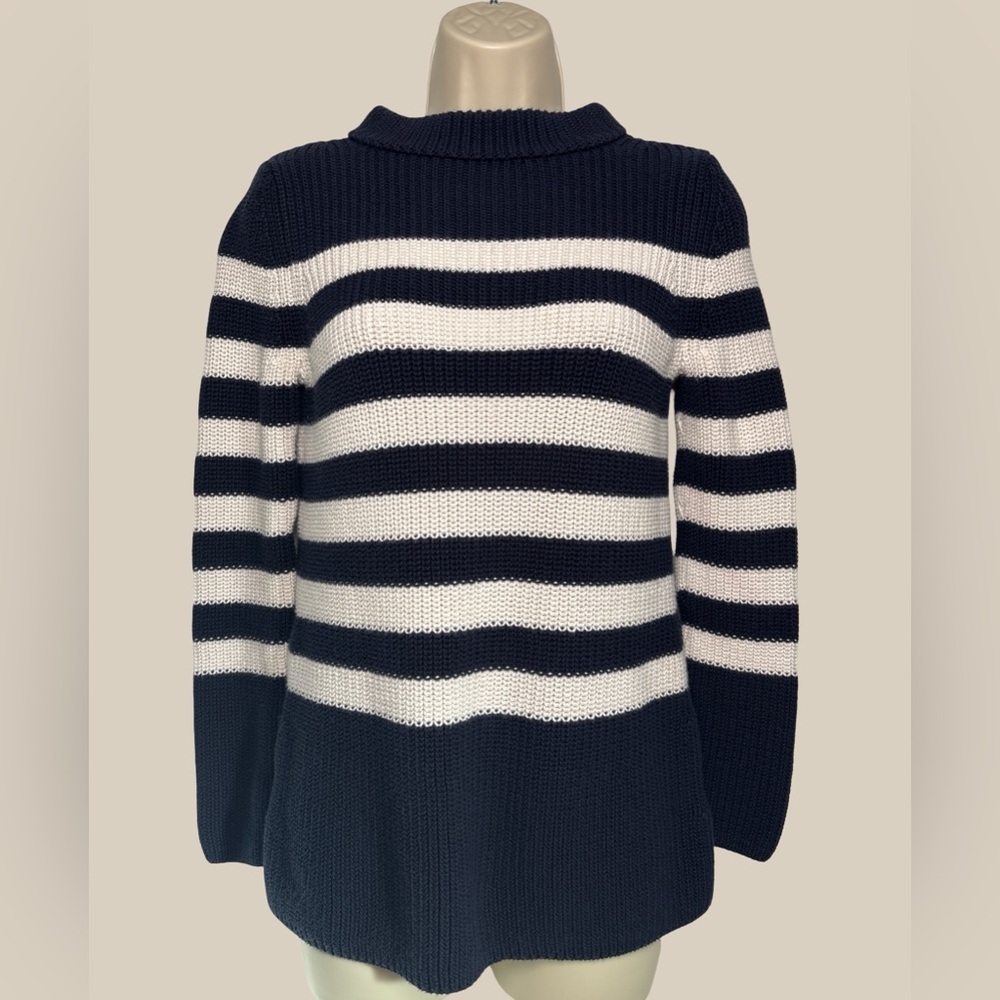 Talbots Navy White Shaker Stitch Mockneck Pullover Sweater 100% Cotton SZ XS